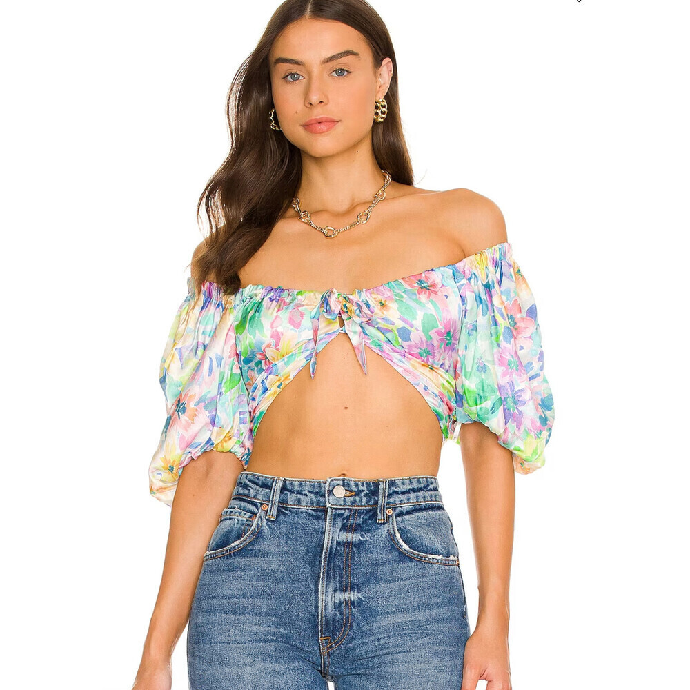 For Love and Lemons Colourful Puff Sleeve Crop Top S